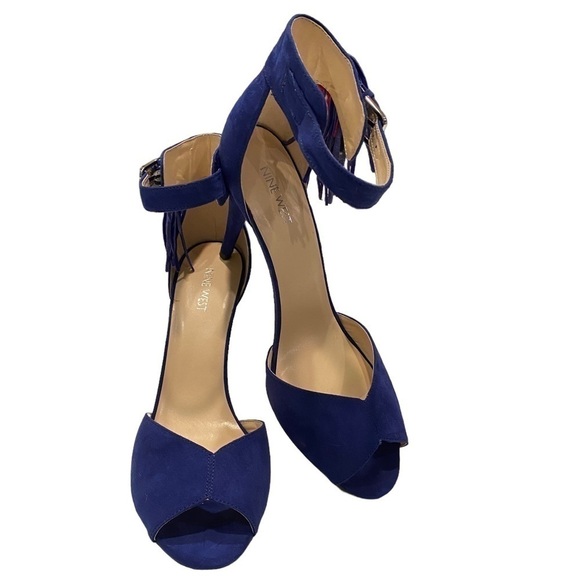 Nine West Azur Blue Amma20 Stiletto Heels with Ankle Strap and Fringe Size 12M - Picture 1 of 16